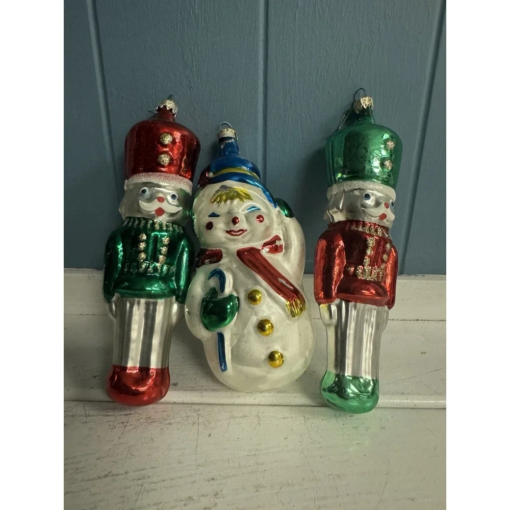 Lot of 3 Blown Glass Tree Ornaments Vtg‎ Christmas Nutcrackers and Snowman